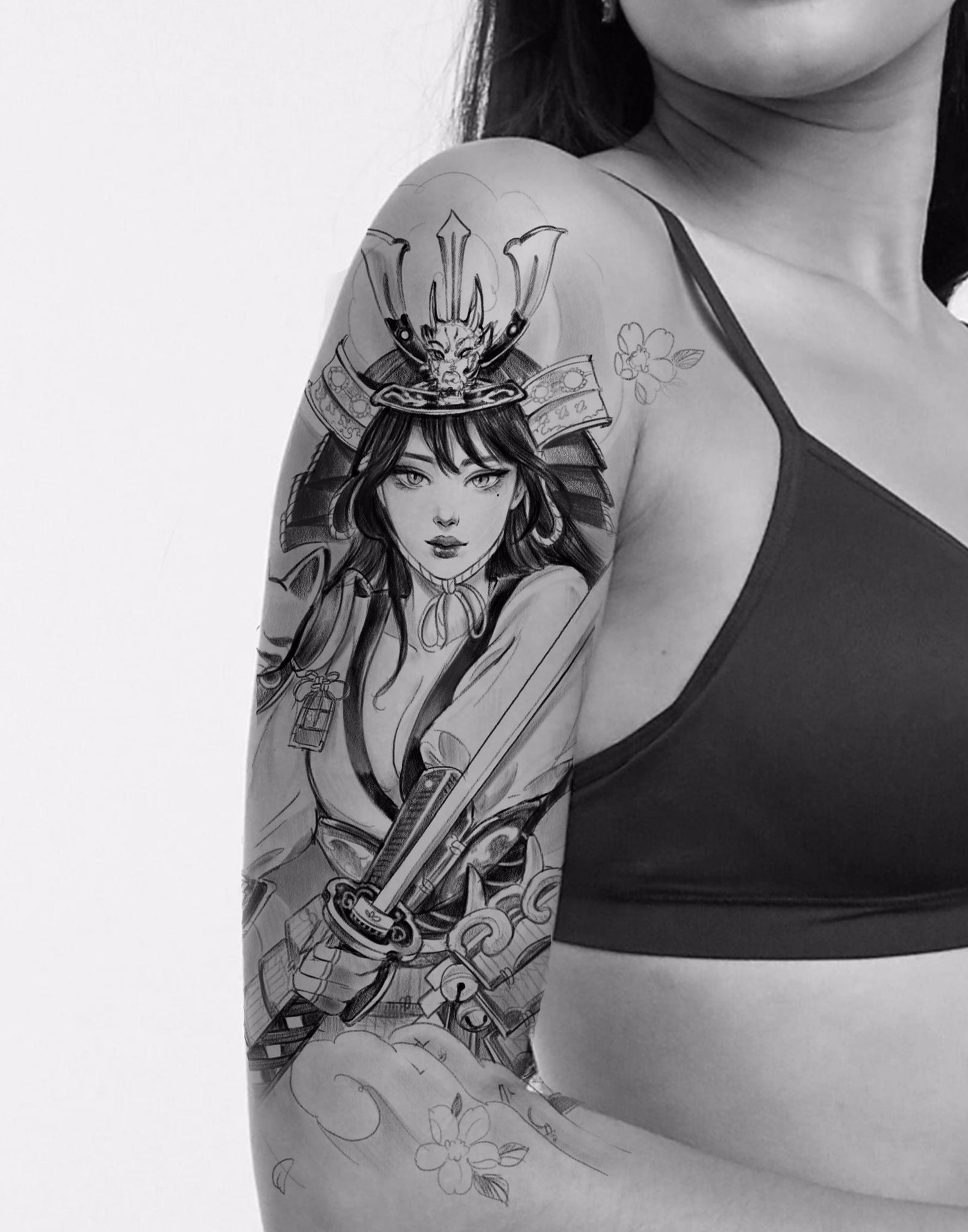 A Female Samurai displayed in Black & Grey Realistic Tattoo Work. #tattoos  #tattooart #tattooer #tat… | Female samurai tattoo, Samurai tattoo, Samurai  tattoo design